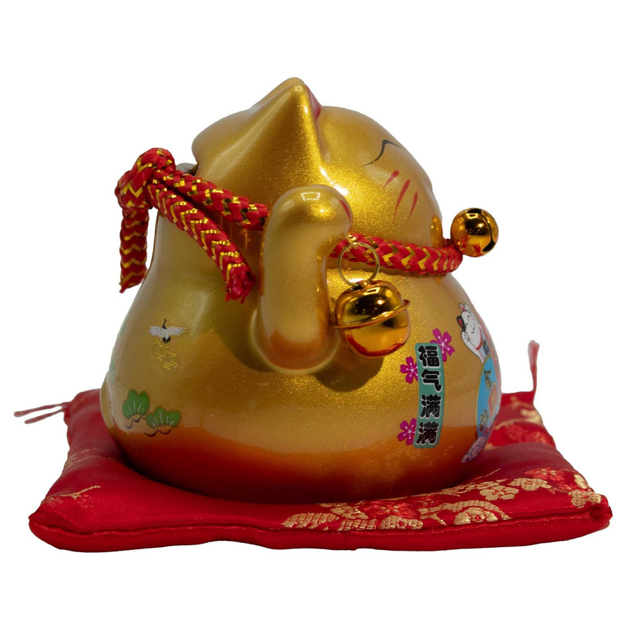SHAMTAM Keramik Glückskatze Sparschwein in Gold auf rotem Kissen - Bild 2