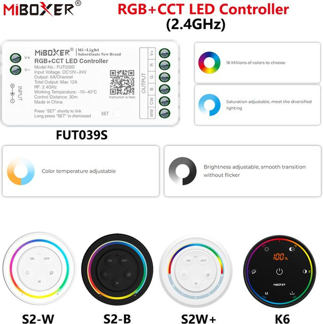 MiBoxer FUT039S+K6/S2W RGBCCT LED-Controller für COB und LED-Streifen mit 2,4GHz RF Wireless Technologie, DC12-24V, 6A/Ch - Bild 1