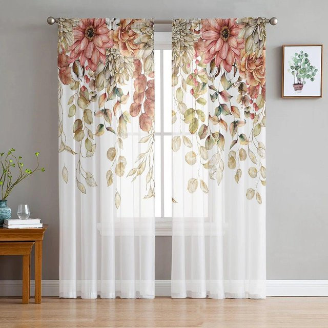 A Family Of Home Textiles Romantische Tüll-Vorhänge in Rosa, Transparente Chiffon-Vorhänge mit Blumenmuster, B/H: 135 x 114 cm, 2er-Set - Bild 1
