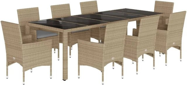 vidaXL 9-teilige Garten-Essgruppe aus Poly Rattan mit Kissen in Beige und Grau sowie Hartglas-Tischplatte - Bild 1