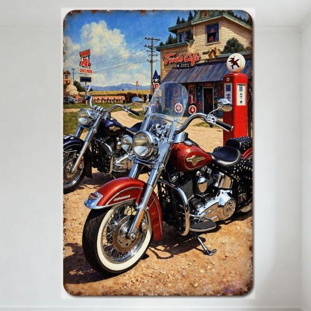 ZX ART Vintage Route 66 Retro Motorräder Ford's Cafe Metallblechschild in Multicolour, B: 30 cm, H: 20 cm - Bild 1
