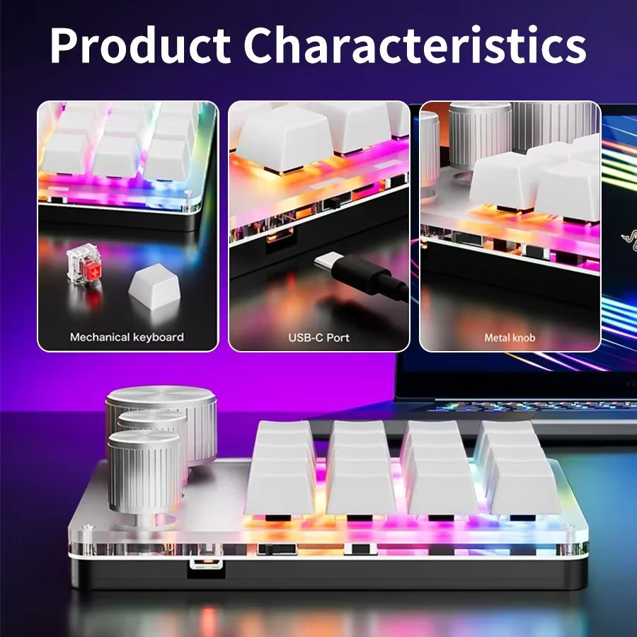 GGBEE Mechanisches Macropad mit 16 Tasten und 3 Knöpfen, Programmierbare Makro-Tastatur mit Hot-Swap, Bluetooth, 2,4 G und USB-C, Weiß - Bild 4