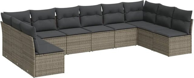 vidaXL 10-tlg. Garten-Sofagarnitur in L-Form aus Poly-Rattan in Grau mit Kissen und Stauraum - Bild 1