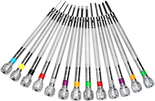 TREACHI Uhrenreparaturwerkzeug-Set aus Edelstahl in Silber mit 13 Größen, Flachkopf- und Kreuzschlitzschraubendreher (0,6-2,0 mm) - Bild 1
