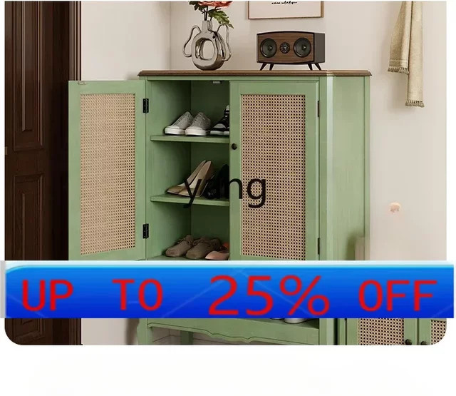 Lmm Retro-Schuhschrank aus Massivholz in Grün mit Türen und offenen Regalfächern für Flur und Wohnzimmer - Bild 1