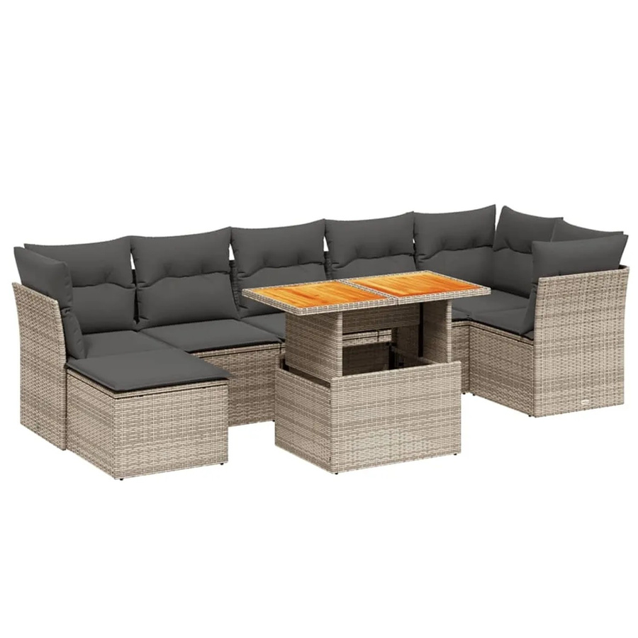 vidaXL 8-teilige Garten-Sofagarnitur in L-Form aus grauem Poly-Rattan mit Kissen und Akazienholz - Bild 2