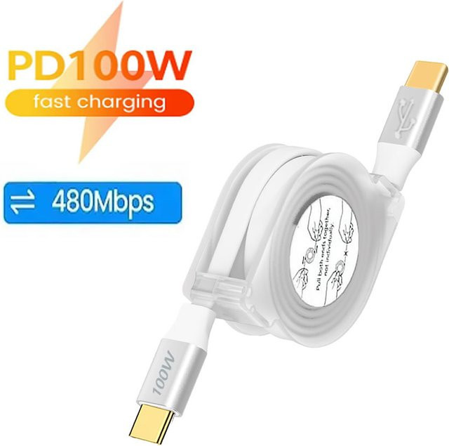 PD 100 W USB C einziehbares Schnellladekabel in Weiß für iPhone 15 Pro Max, MacBook, Samsung und iPad - Bild 1