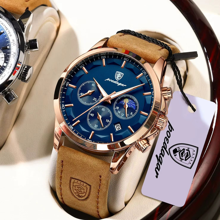 POEDAGAR Chronograph Armbanduhr, Quarz, Leder, Blau, Roségold, Herren - Bild 2
