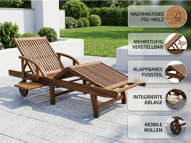 Sonnenliege aus FSC-Eukalyptusholz von Prestige Home Living in Braun, geölt, L x B x H: 200 x 68 x 83 cm - Bild 1