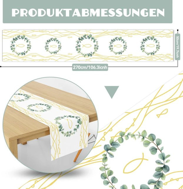 VIKAMA Tischläufer für Kommunion und Taufe in Weiß mit floralem Design aus Leinen, B/H: 90 x 33 cm - Bild 1