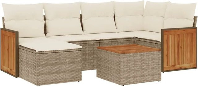 vidaXL 7-teilige Garten-Sofagarnitur aus Poly-Rattan und Akazienholz in Beige-Creme mit Kissen - Bild 1