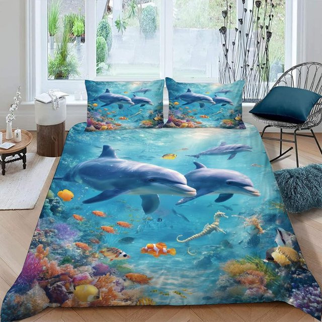 Binchi Fitness 2-teiliges Bettwäscheset Delfin-Motiv mit Kissenbezug, Blau, B/H: 135 x 200 cm - Bild 1