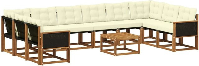 vidaXL Outdoor-Sofagarnitur L-Form aus Massivholz Akazie mit 11 Kissen in Natur und Creme - Bild 1