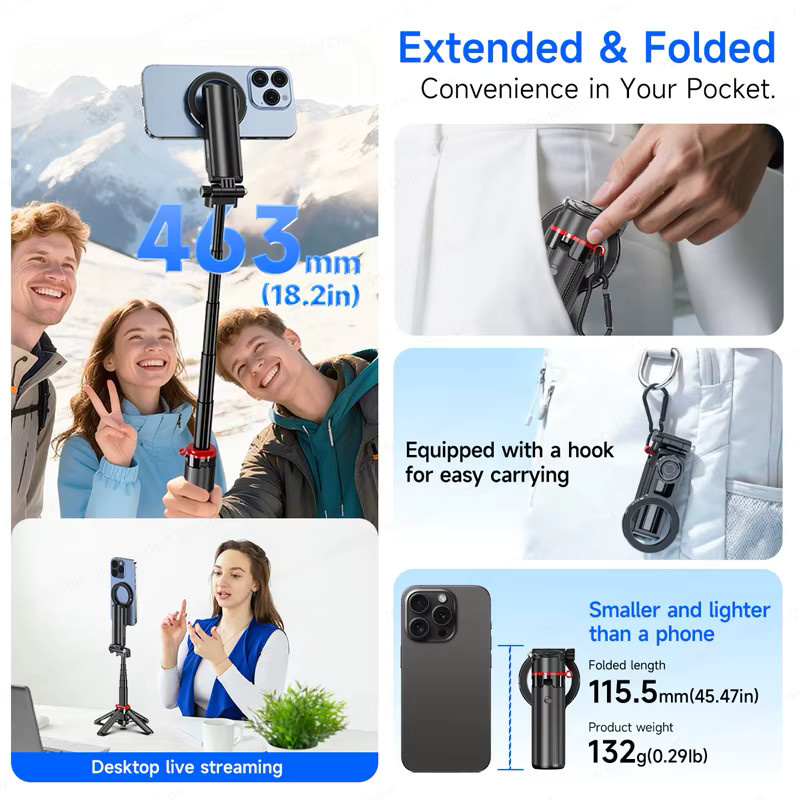 TOKQI Magnetischer Handyhalter Mini-Selfie-Stick mit 360 Grad Einstellung und Bluetooth Fernbedienung für iPhone und Android in Schwarz - Bild 5