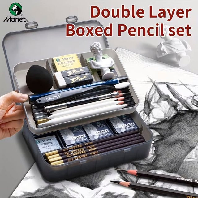 Marie's Bleistift-Set mit 31 Stück in einer doppellagigen Box aus Holz zum Skizzieren und Malen für Künstler und Studenten - Bild 1