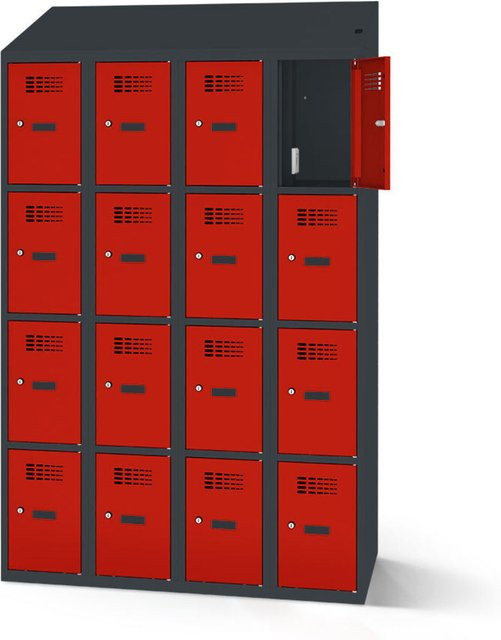 rotstahl Fächerschrank mit Ladefunktion und 16 Fächern in Rot mit anthrazitgrauem Korpus, B: 120 cm, H: 200 cm - Bild 1