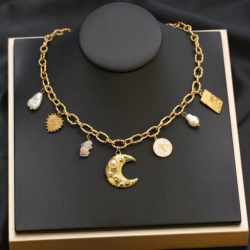 EILIECK Halskette Edelstahl, Gold, Perle, Mond, Damen - Bild 5