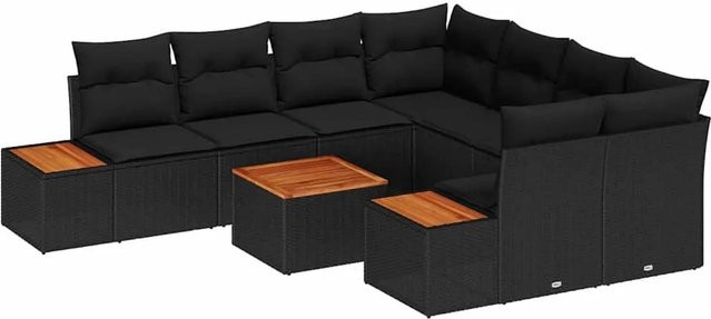 vidaXL Garten-Sofa-Set aus Polyrattan in Schwarz, 9-teiliges U-Form Lounge-Set mit Tisch und UV-beständigen Kissen - Bild 1