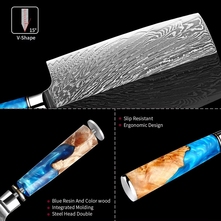 Xituo Japanisches Küchenmesser-Set aus Damaststahl mit blauem Harzgriff, 1-7-teilig - Bild 3