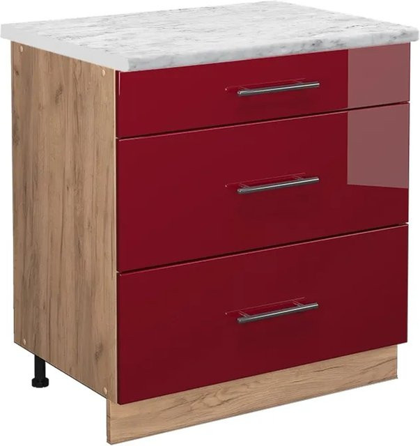Vicco Küchenunterschrank Fame-Line Bordeaux Hochglanz in Rot und Goldkraft Eiche mit 3 Schubladen, B: 80 cm, T: 60 cm, H: 82 cm - Bild 1