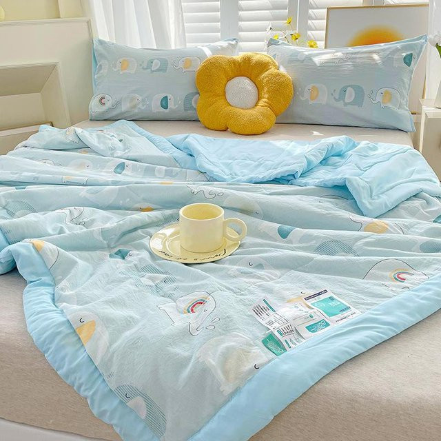 Lshah Sommerdecke aus Baumwollleinen mit Cartoon-Motiv in Blau, atmungsaktive Steppdecke für Erwachsene und Kinder, B/B: 150 x 200 cm - Bild 1
