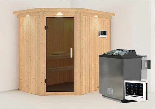 KARIBU Vijandi Bio-Kombi-Sauna aus Fichtenholz mit 9 kW Saunaofen und externer Steuerung für 3 Personen, beige, B/T/H: 210 x 165 x 202 cm - Bild 1