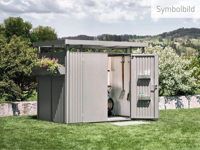 Biohort Metall-Gerätehaus HighLine H6 mit Doppeltür in Silber-Metallic und Grau, B/T/H: 314,3 x 314,3 x 221 cm - Bild 1
