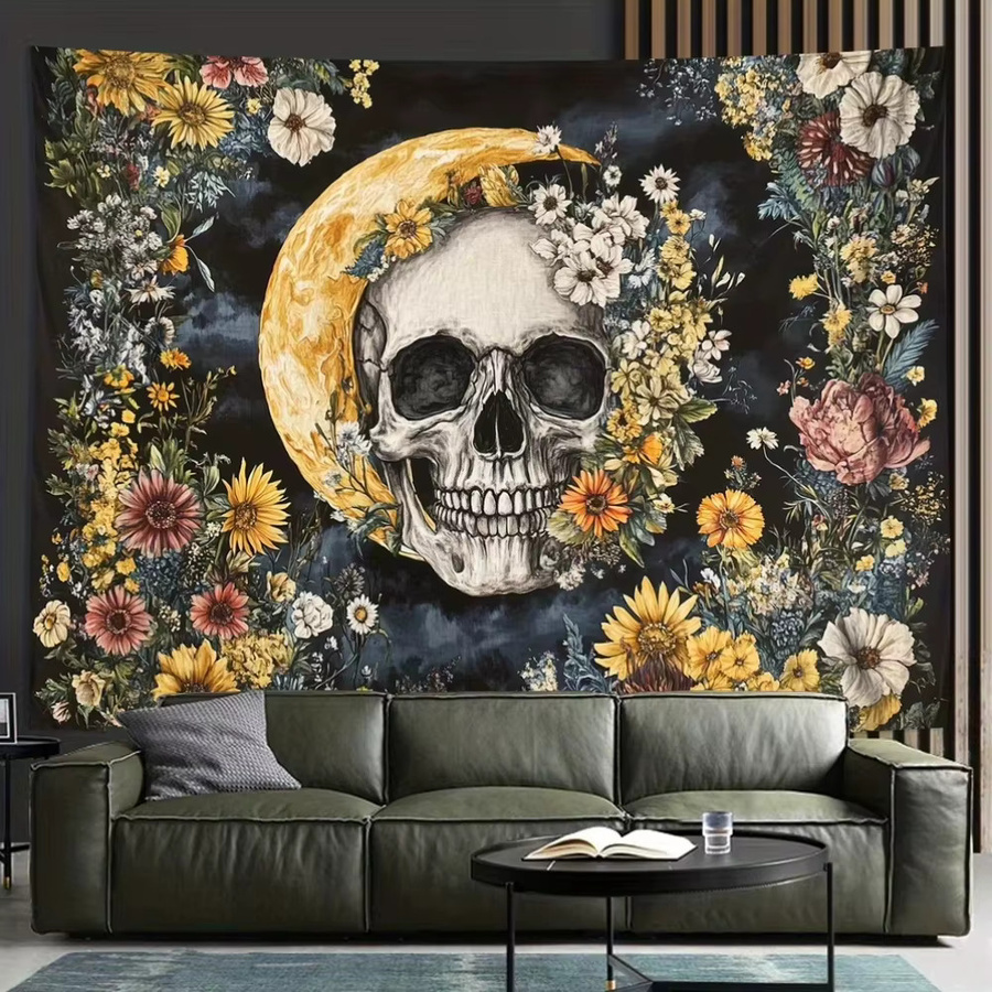 VIKAMA Halloween Wandteppich mit Totenkopf und Blumen in Multicolour, Rechteckiger Wandbehang im Boho-Stil, Breite: 60 cm, Höhe: 40 cm - Bild 3