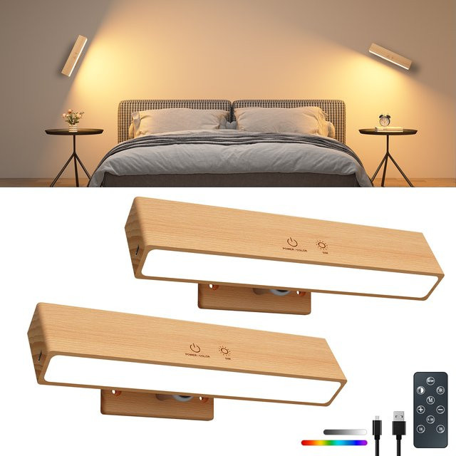 Yilaie RGBCW Wandleuchter aus massivem Naturholz in Braun, wiederaufladbare LED-Nachttischlampe mit Touch-Funktion und Fernbedienung - Bild 1