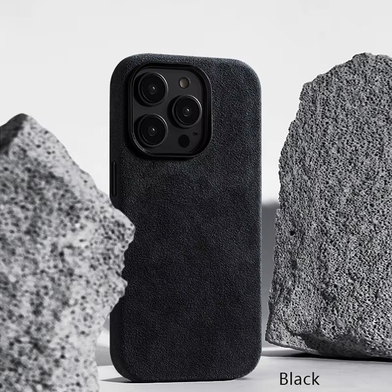 Magnetische Lederhülle für Apple iPhone 12 bis 17 Pro Max in Blau mit Wildleder-Details und Metallknöpfen - Bild 3