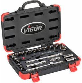 Vigour Steckschlüssel-Satz V2460N mit 25 Werkzeugen, 1/2 Zoll Antrieb, Farbe Schwarz - Bild 1