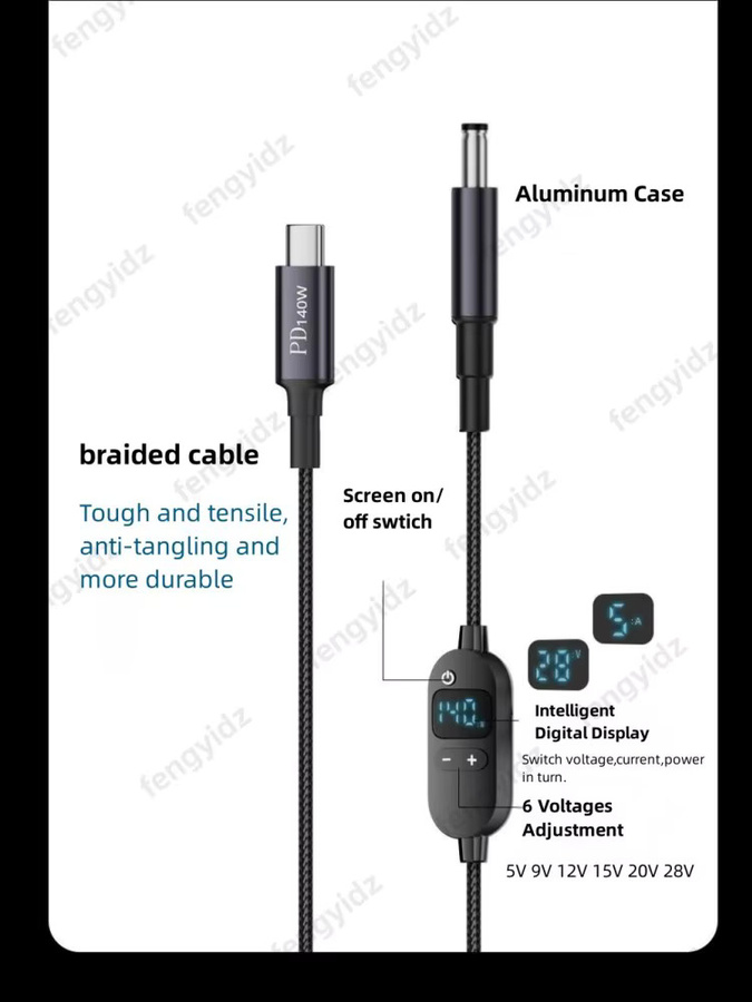 Fengyidz USB-C zu DC Stromverstärker-Kabel 140W in Schwarz, einstellbarer Spannungsadapter für Laptop und Router mit 5V 9V 12V 15V 20V 28V - Bild 3
