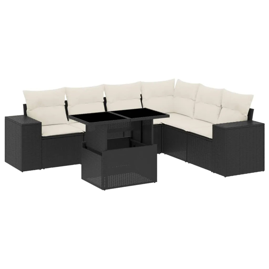 vidaXL 7-teilige Garten-Sofagarnitur in L-Form aus Poly-Rattan mit Kissen in Schwarz-Creme - Bild 2