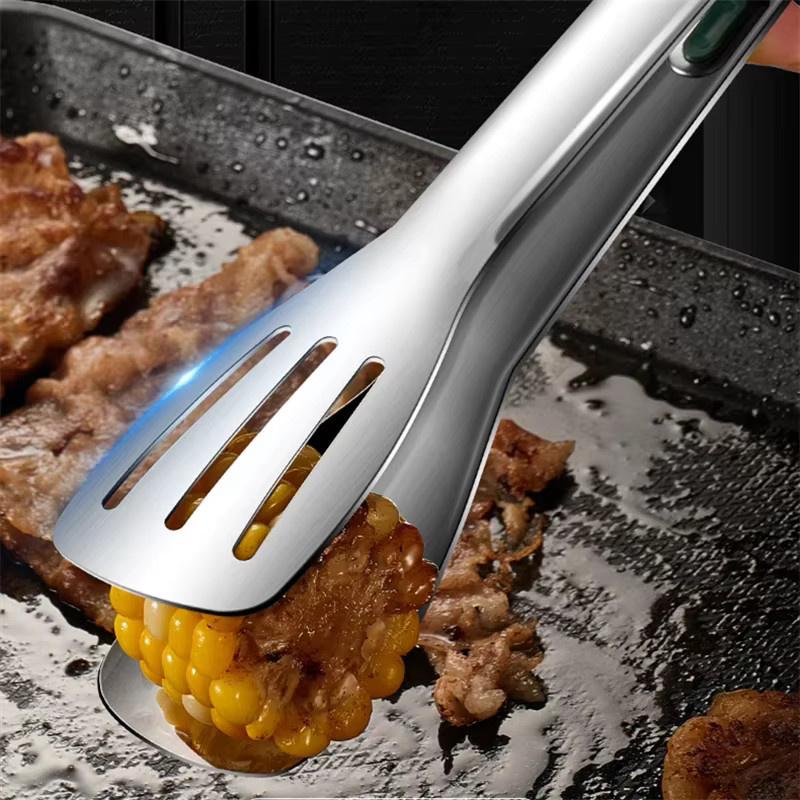 Lebensmittelklammer aus Edelstahl 304 und Silikon in Silber mit rutschfestem Griff für BBQ und Grillen - Bild 4
