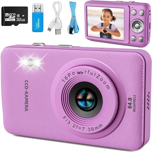 W&O Tragbare Digitalkamera mit 48MP Autofokus, 1080P Full HD, 2,4-Zoll Display, 16-fach Zoom und 32GB Speicherkarte, Kompakte Vlogging-Reisekamera mit USB-C, Schwarz oder Lila - Bild 1