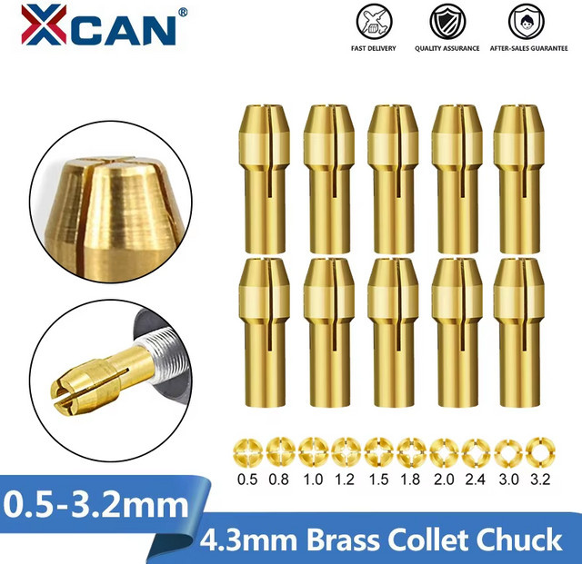 XCAN Mini-Messing-Bohrfutter Set mit 10 Stück Spannzangen-Bits für Dremel-Zubehör, Spannbereich 0,5–3,2 mm, Schaft 4,3 mm und 4,8 mm - Bild 1