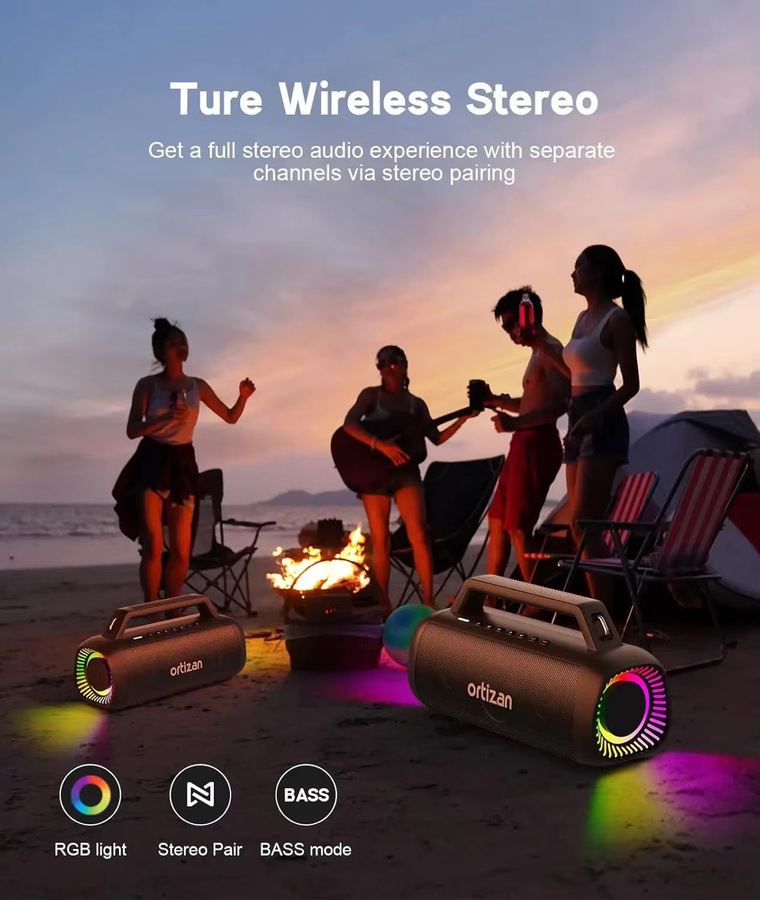 Ortizan Bluetooth-Lautsprecher mit 60W Leistung, IPX7 wasserdicht, massiver Bass und Lichteffekten, Schwarz - Bild 4