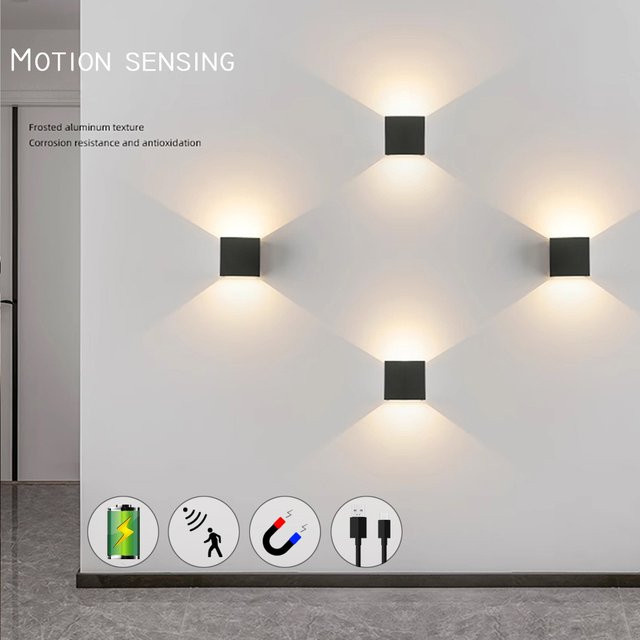 Litu LED Intelligente Bewegungssensor-Wandleuchte 6W mit Akku und USB-Ladefunktion in Schwarz und Weiß, Warmweißes Licht für Schlafzimmer und Flur - Bild 1