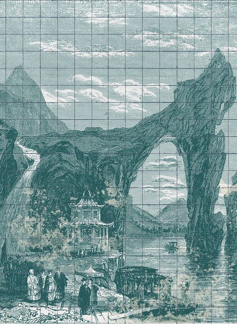 Coordonné Wandtapete Illustration Tiles in Emerald Green mit chinesischem Design - Bild 1