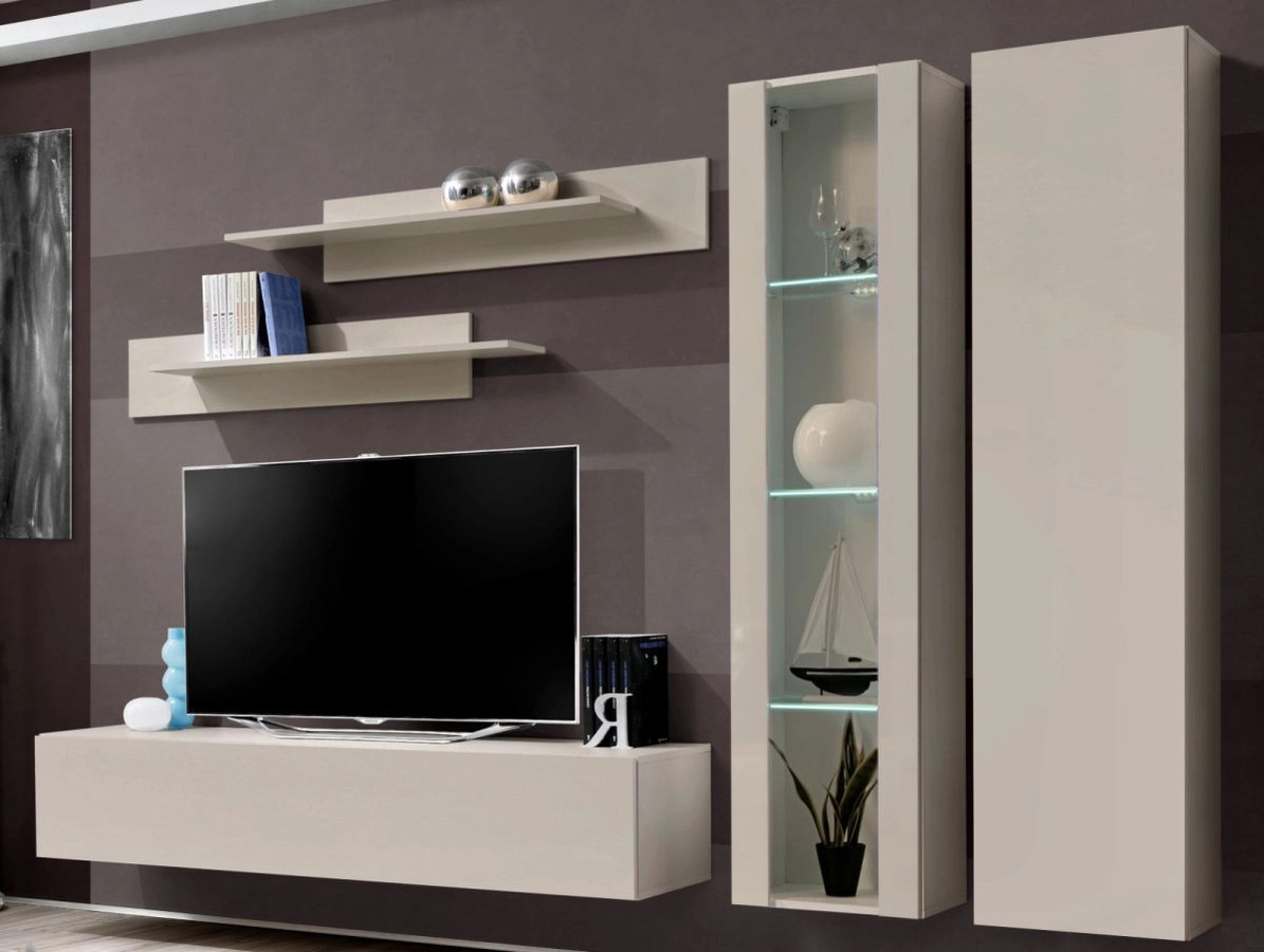 Wohnwand Option 5-teilig in Kaschmir Beige mit LED und Glaselementen, Breite: 260 cm - Bild 1