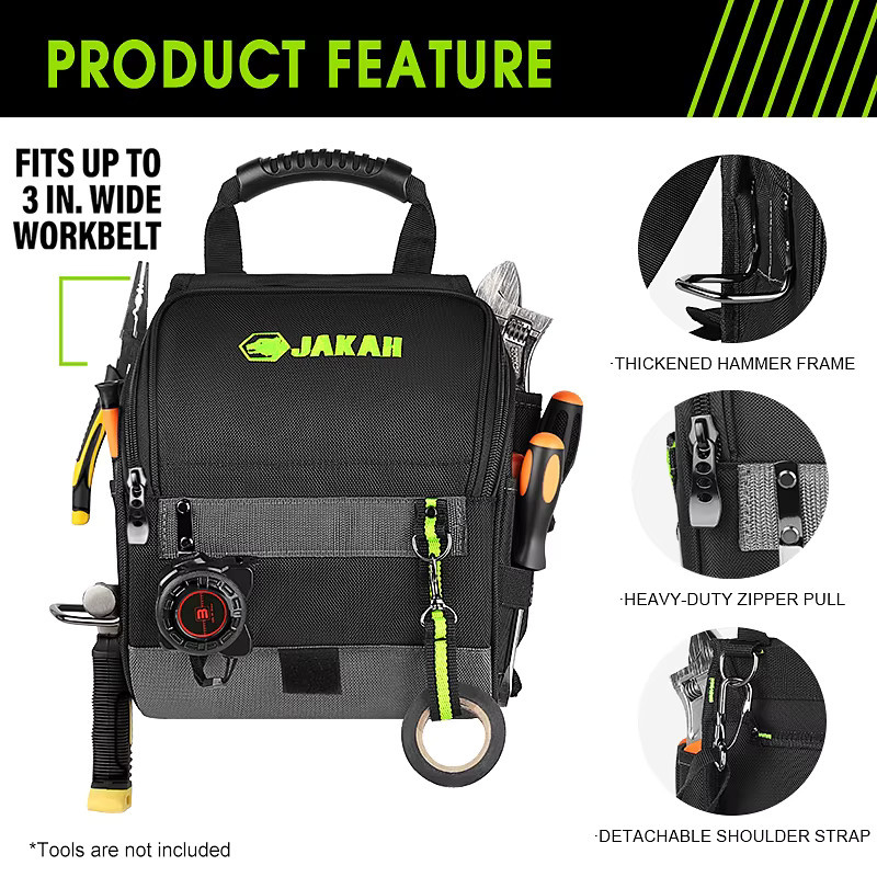 JAKAH Professionelle Elektriker-Werkzeugtasche JK-208 mit Mehrfach-Taschen, ergonomischem Gummigriff und gepolstertem Schultergurt, Schwarz Grün - Bild 3