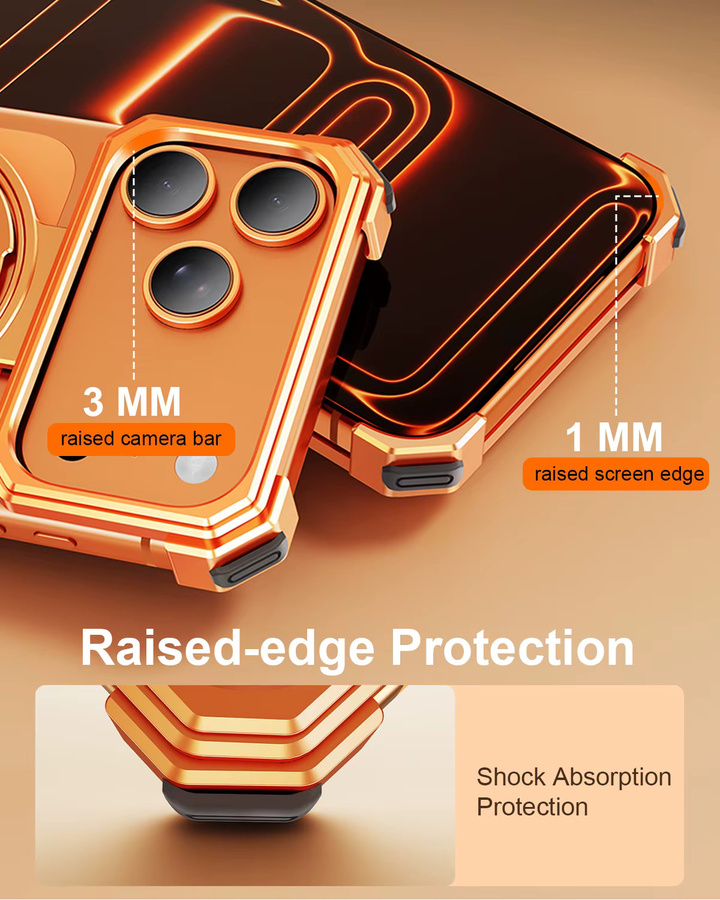 Oatsbasf Metall-Handyhülle für iPhone 17 Pro Max in Orange mit 360-Grad-Schutz und drehbarem Ringständer - Bild 4