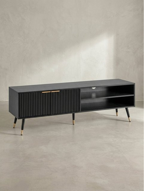 Modernes Lowboard KADIMA DESIGN in Schwarz und Eiche-Dekor mit Lamellenoptik, B/T/H: 150 x 51 x 39 cm - Bild 1