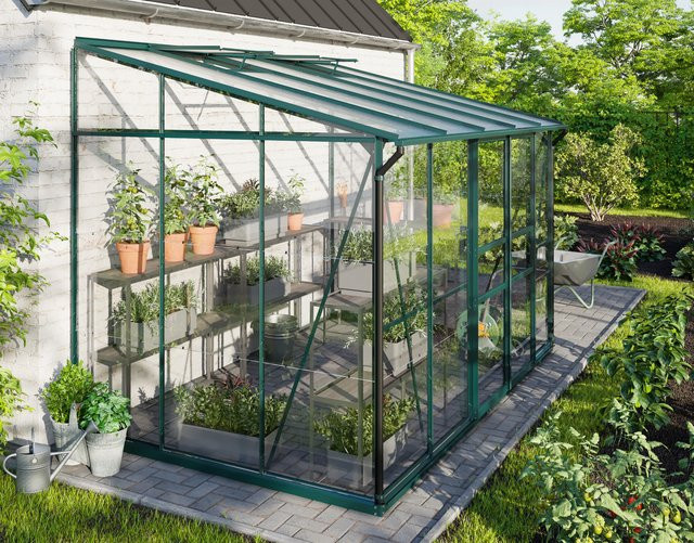 Vitavia Anlehn-Gewächshaus Ida 6500 in Smaragdgrün mit 6,5 m² Fläche, Pultdach und Doppel-Schiebetür aus Aluminium und Glas/Polycarbonat - Bild 1