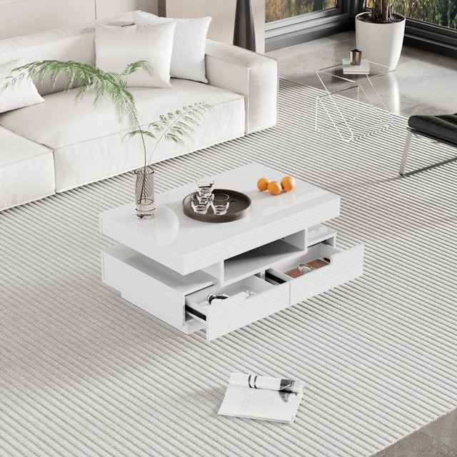 Moderner Couchtisch in Weiß Hochglanz mit LED-Licht und großen Schubladen von Aosom, B/T/H: 80 x 50 x 36 cm - Bild 1