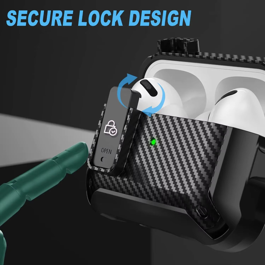 Carbon Fiber Hard Shell Case für AirPods Pro 2. Generation mit Secure Lock Clip und Schlüsselanhänger, Schwarz - Bild 2