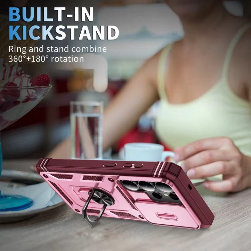 Stoßfeste Standhülle Eurynome für Samsung Galaxy S26 Ultra S25 Plus S24 FE A56 A17 mit Push-Linsen-Schutz und Militärpanzerung in Pink - Bild 1