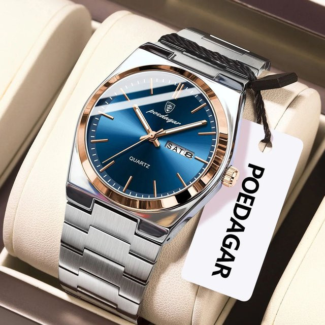 POEDAGAR Armbanduhr Edelstahl, Quarz, Blau, Silber, Herren - Bild 1