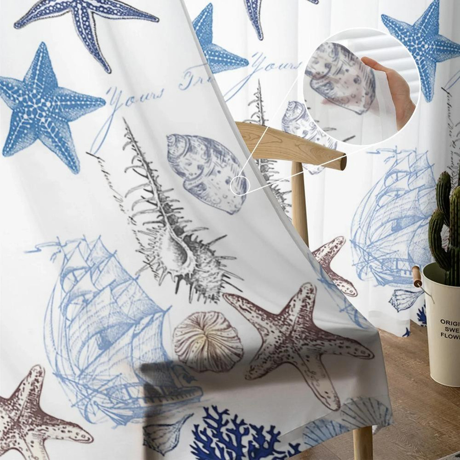 Yiran Furniture Transparenter Tüll-Vorhang Marine mit Muschel- und Seestern-Motiv, Breite: 135 cm, Höhe: 115 cm - Bild 1