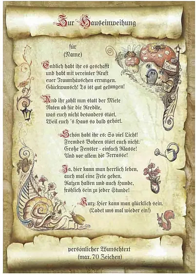 Personalisierte Urkunde zur Hauseinweihung mit Wunschtext im Vintage-Design auf Papier - Bild 1